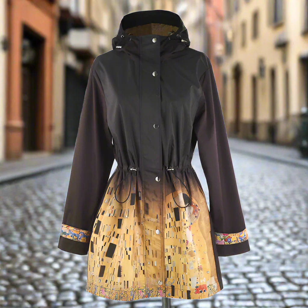 Klimt The Kiss Raincoat with black and yellow print