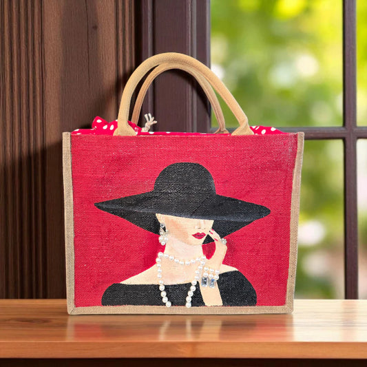 Elegant Lady in Black Tote Bag on Red Jute - Hand Painted