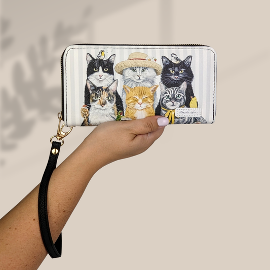 Mary Lake Thompson Cats Wristlet Wallet featuring artistic cat design on textured vegan leather with multiple compartments and removable wrist strap