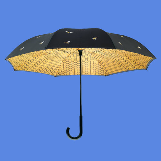 Bees-Black Stick Premium Umbrella Reverse Close