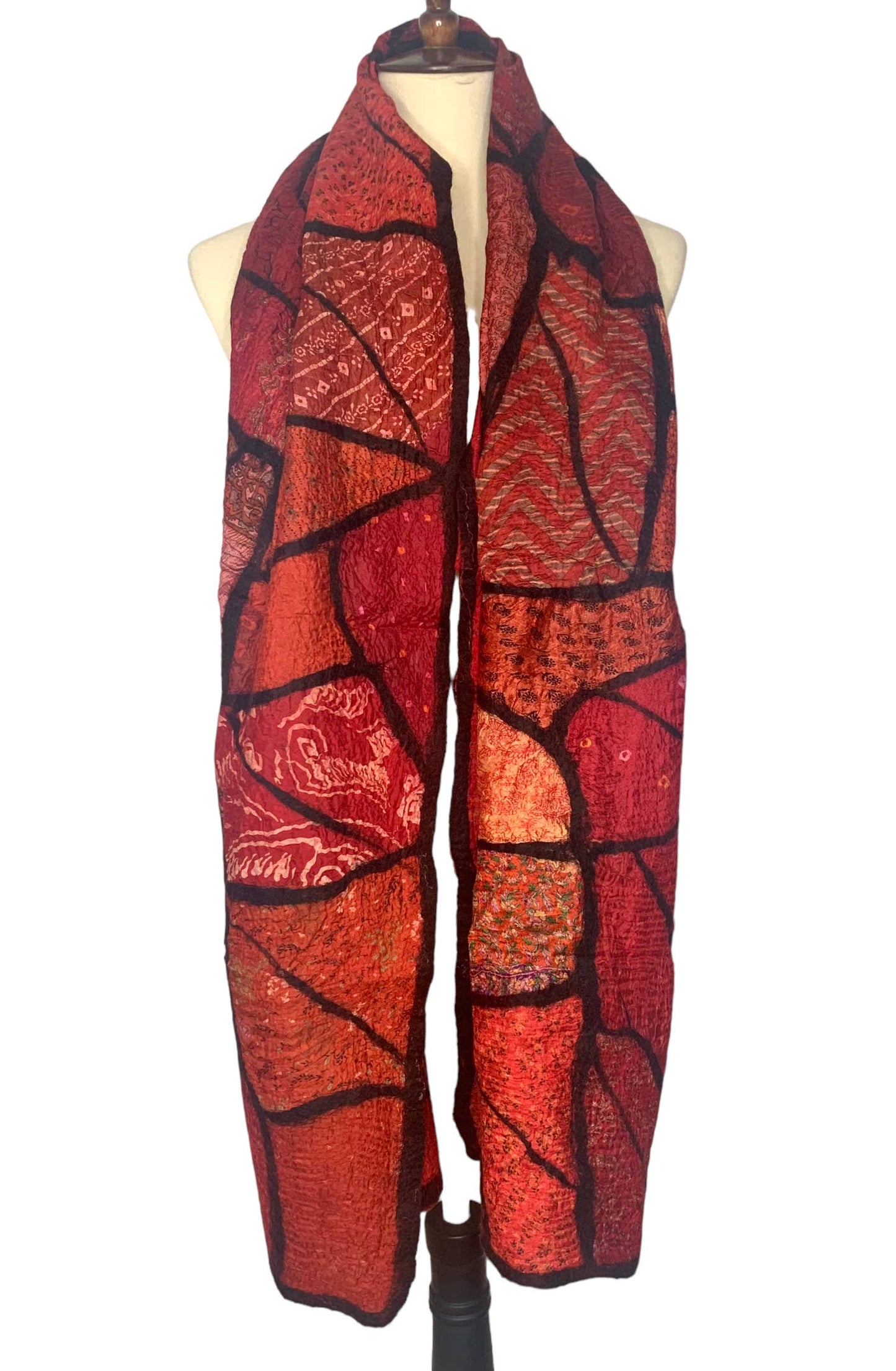 Handcrafted Red Sari Patchwork Merino Wool Scarf - Fair Trade Nepal Artisan