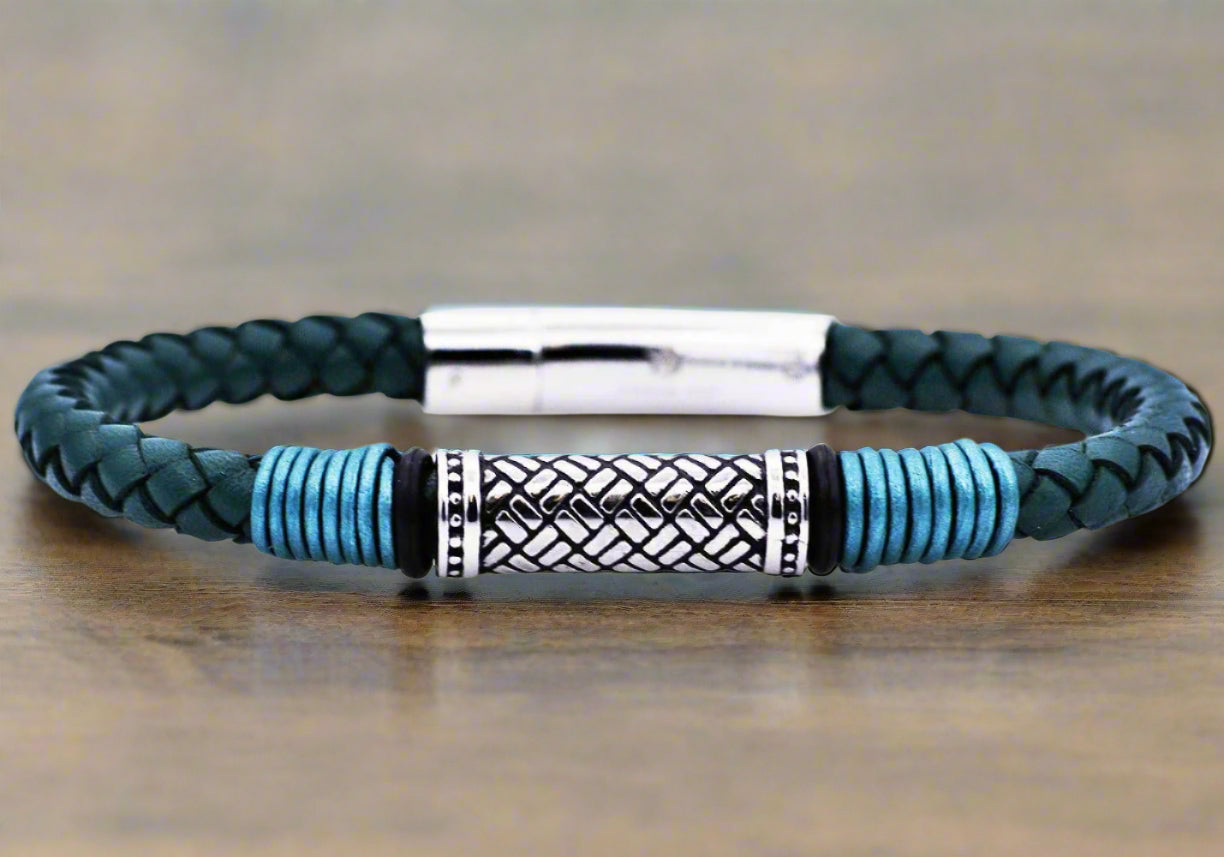 Men's green leather bracelet with stainless steel magnetic clasp