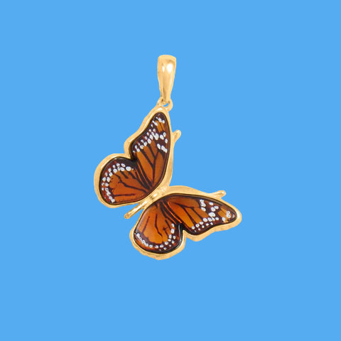 Hand Carved Amber Monarch Butterfly 24KGP Necklace
