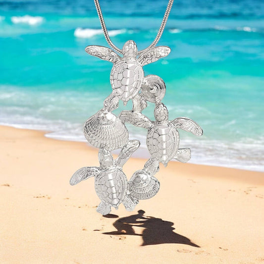 Sterling silver sea turtle hatchlings pendant necklace