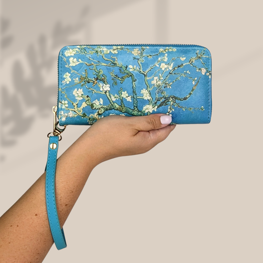 Van Gogh Almond Blossoms Wristlet Wallet featuring the famous painting on textured vegan leather with multiple compartments and removable wrist strap
