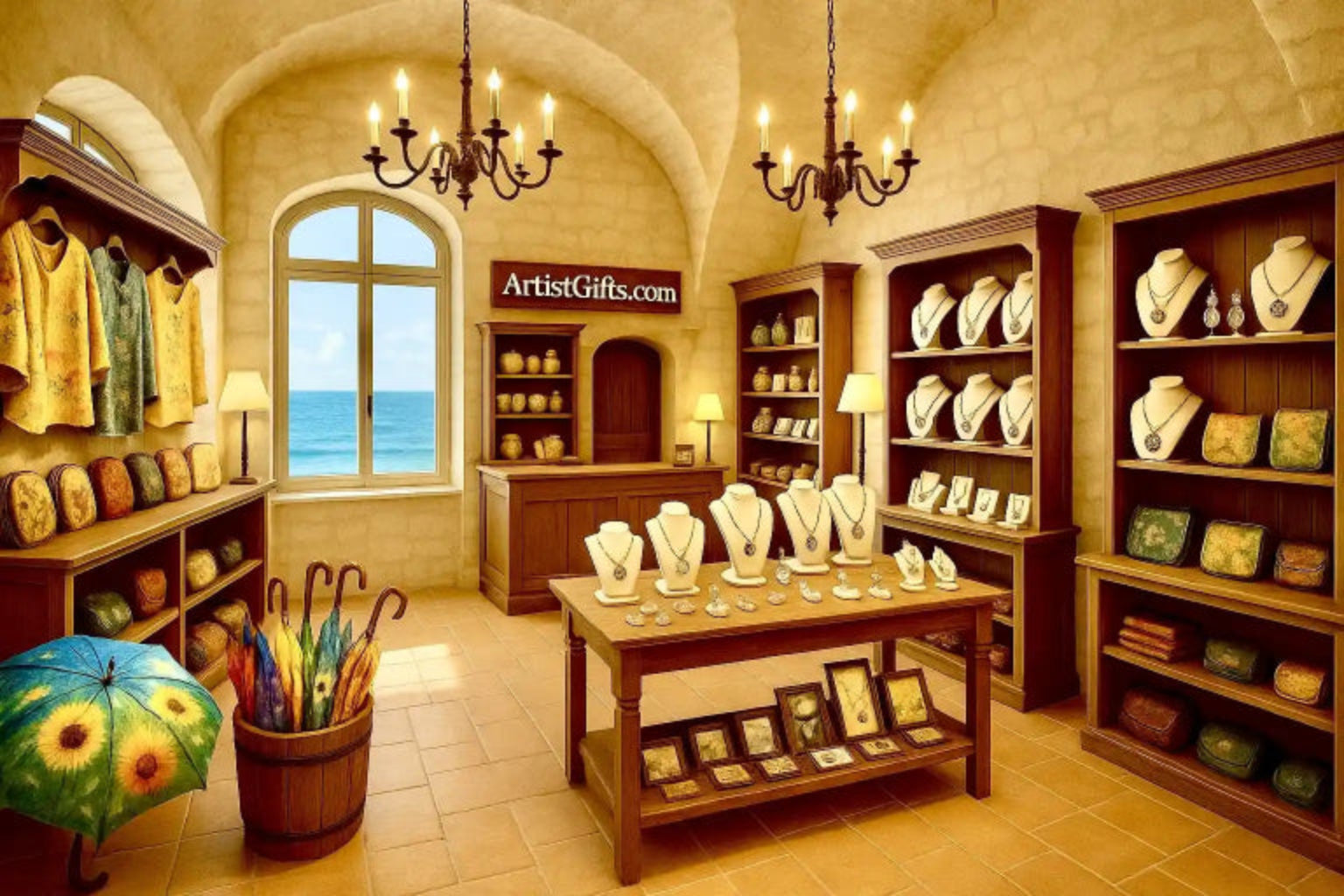 Interior of a gift shop with jewelry displays and ocean view