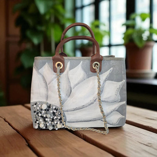  Elegant silver floral design canvas purse with shimmering bead embellishments with brown leather handles