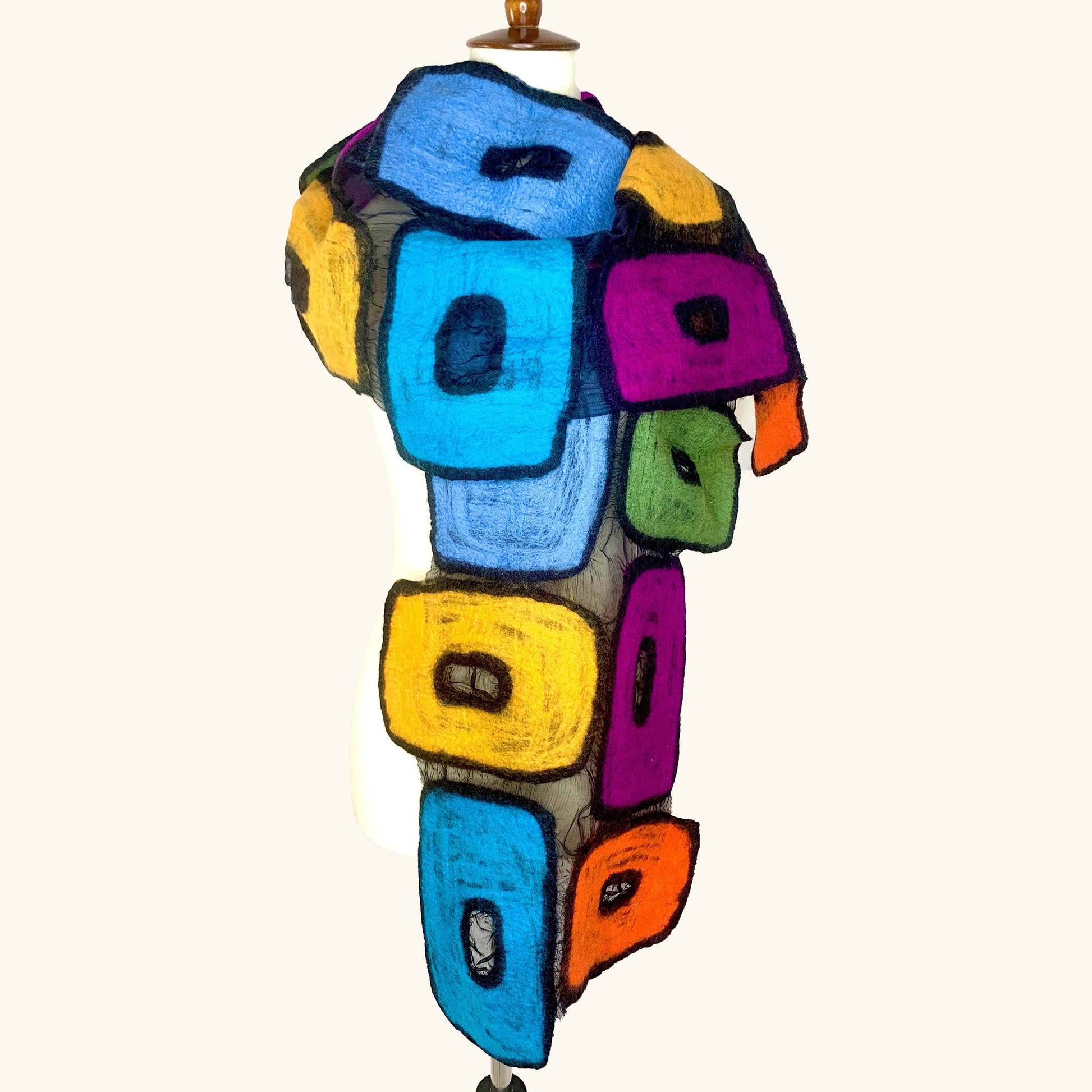 Colorful handmade scarf with geometric abstract sculpture - side view