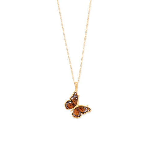 Hand Carved Amber Monarch Butterfly 24KGP Necklace