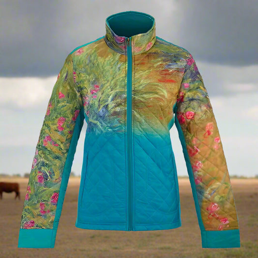 Colorful quilted jacket with floral iris pattern on a teal background