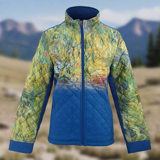 Colorful jacket with a blue quilted design on a white background