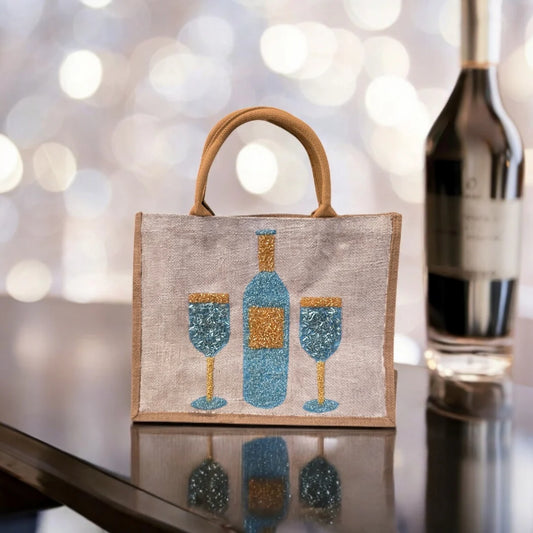 Wine Tote Bag on Off White Jute - Hand Painted & Beaded Market Bag