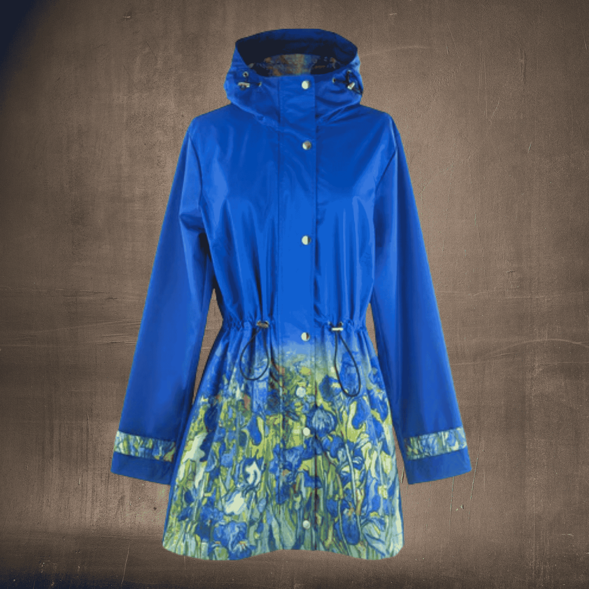 Blue raincoat with floral patterned skirt on a brown background