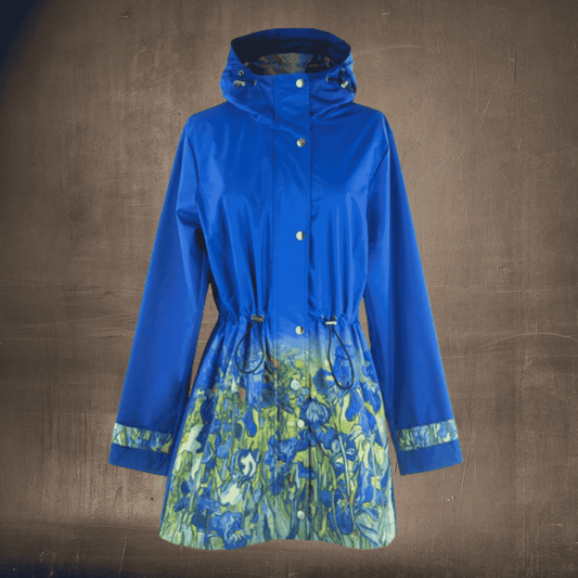Blue raincoat with floral patterned skirt on a brown background