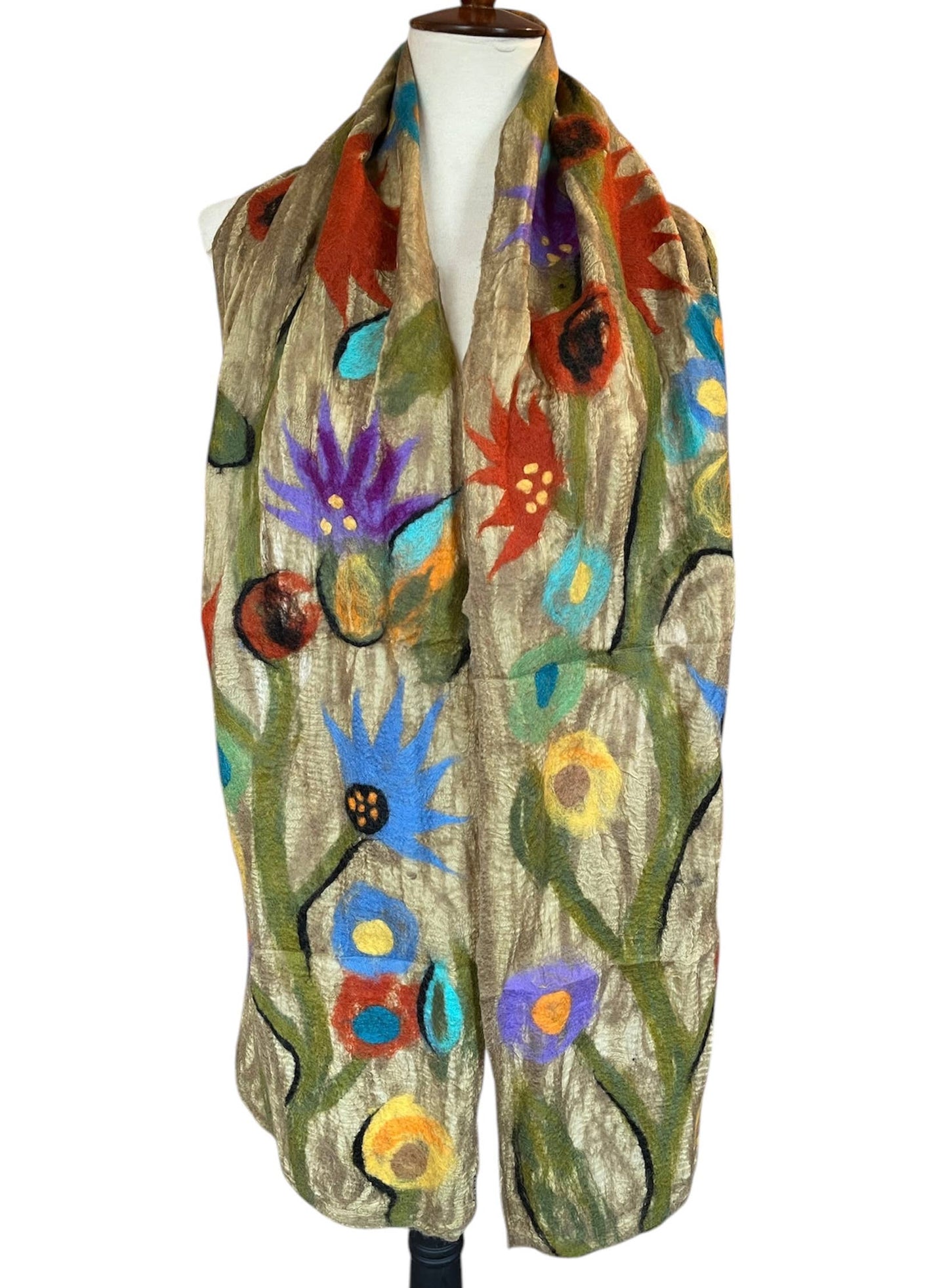 Handcrafted Garden Wildflower Merino Wool Scarf - Fair Trade Artisan Nepal