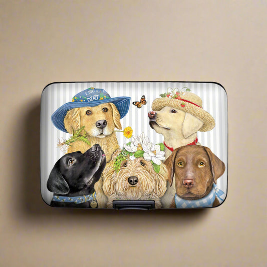 Mary Lake-Thompson Dogs Armored Wallet featuring charming canine artwork on aluminum exterior with RFID protection and compact design