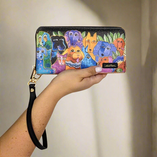 Laurel Burch Dogs and Doggies Wristlet Wallet - Colorful Vegan Leather Organizer