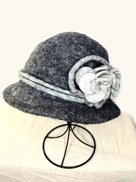 Handcrafted Charcoal Merino Wool Hat with Gray Flower - Fair Trade Trade Artisan Nepal
