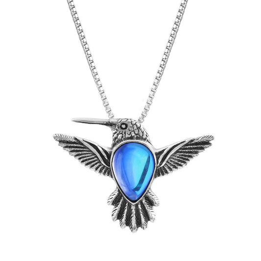 Blue Crystal Sterling Silver Hummingbird Necklace