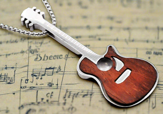  Men's Genuine Wood Stainless Steel Guitar Pendant With Chain