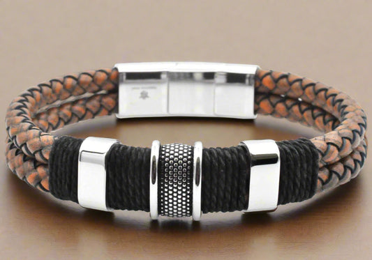 Men's double strand brown distressed leather bracelet with stainless steel clasp