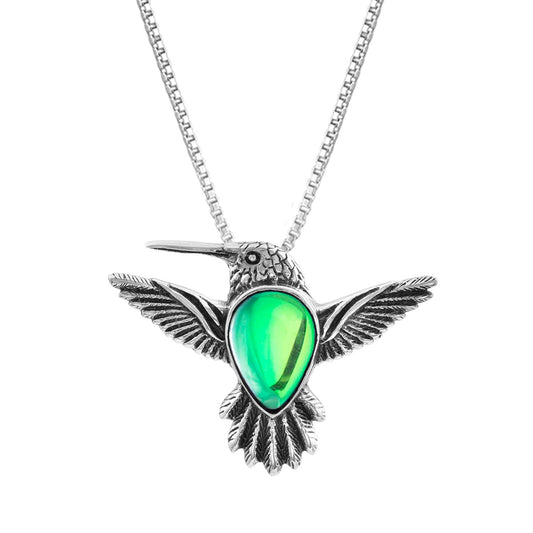 Green Crystal Sterling Silver Hummingbird Necklace