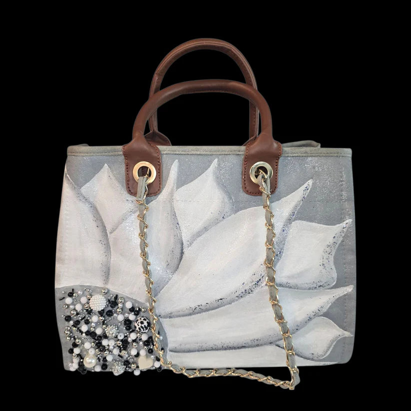 Silver Bloom – Hand Painted Gray Canvas Purse