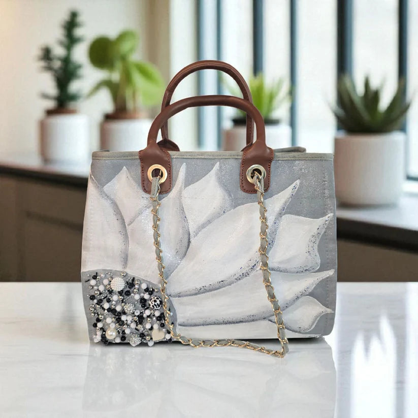 Silver Bloom – Hand Painted Gray Canvas Purse