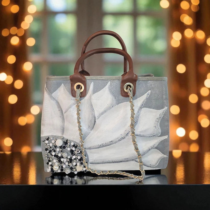 Silver Bloom – Hand Painted Gray Canvas Purse