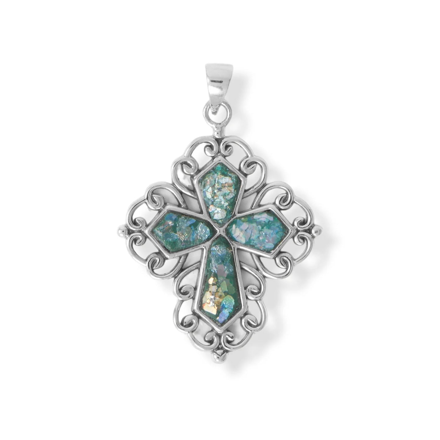 Timeless Roman Glass Swirl Edge Cross Pendant Necklace
