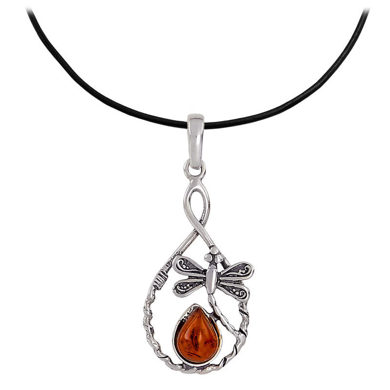 Amber Dragonfly Loop Necklace with Leather Cord