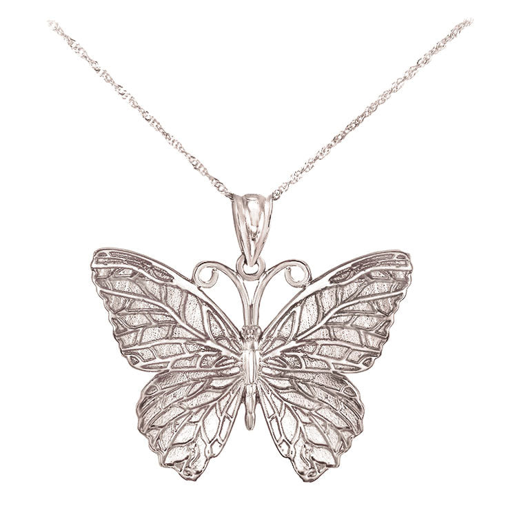 Solid 14k White Gold Butterfly Pendant Necklace
