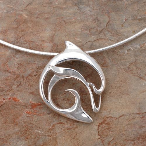 Sculpted Silver Dolphin Necklace with Silver Omega Chain