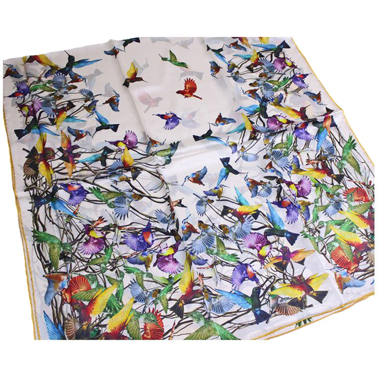 We Love Hummingbirds Beautiful Floral Hummingbird Silk Scarf Beige