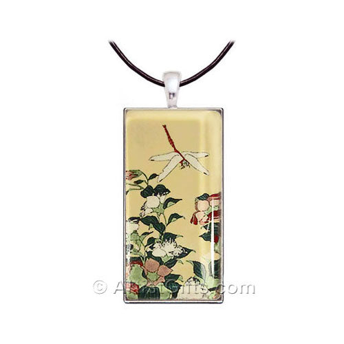 Hokusai Dragonfly Art Glass Necklace with Leather Cord