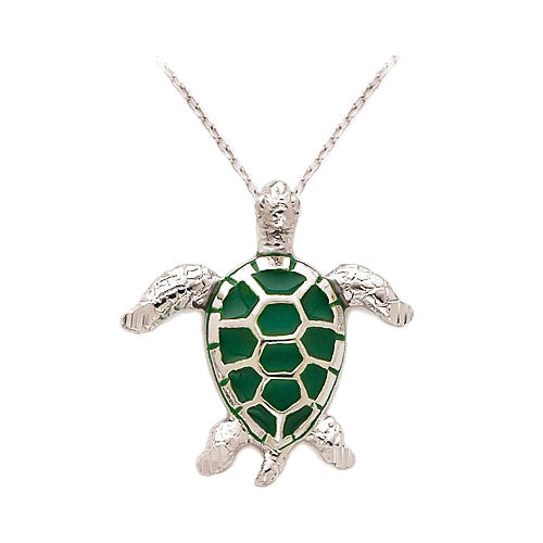 Green Enamel Silver Sea Turtle Necklace