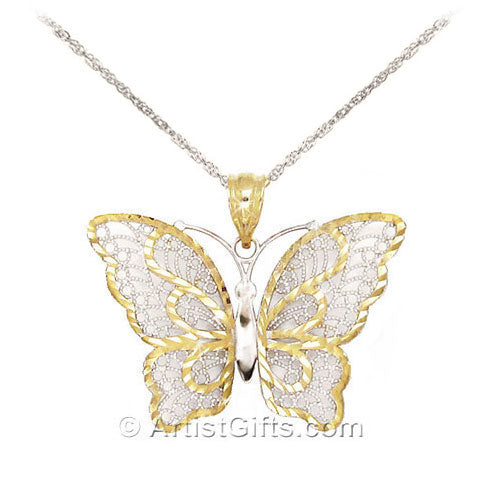 Diamond Cut Gold Butterfly Necklace - White Gold Chain
