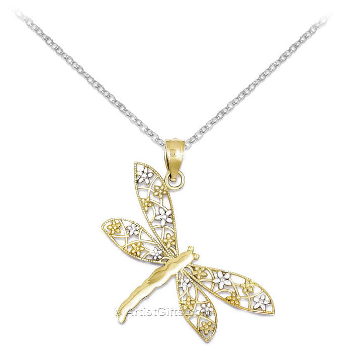 14k Gold Dragonfly Necklace with White Gold Chain