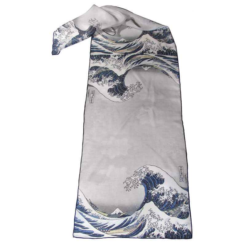 Long Crepe Silk Scarf Japanese Classic Painting Great Wave off