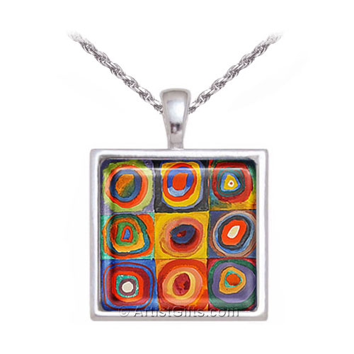 Kandinsky Squares with Concentric Circles Necklace with Sterling Silver Chain