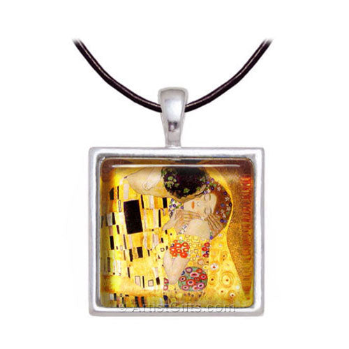 Klimt The Kiss Pendant in Art Glass on Leather Cord