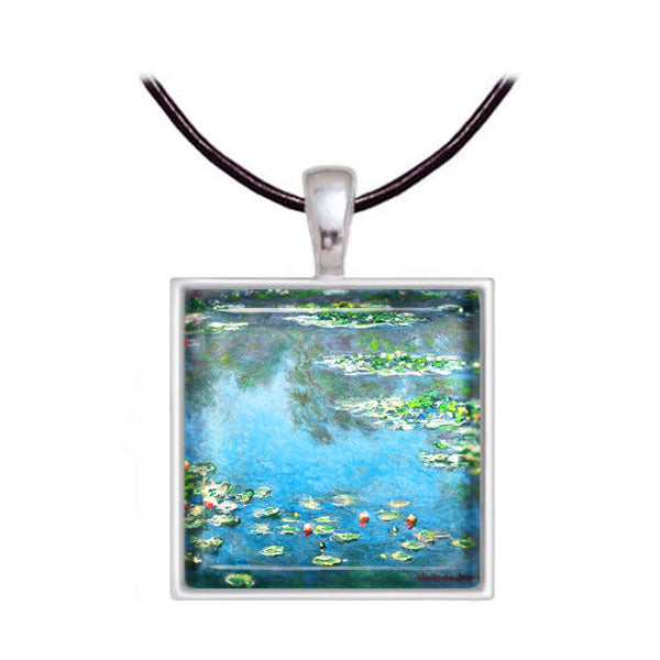 Monet Water Lilies Art Glass Necklace with Leather Cord