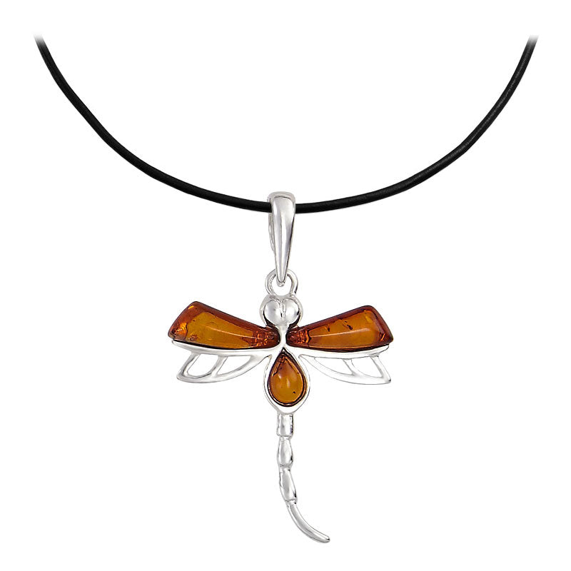 Amber Dragonfly Necklace with Leather Cord Option