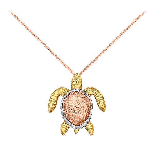 Rose, White & Yellow Gold Sea Turtle Necklace