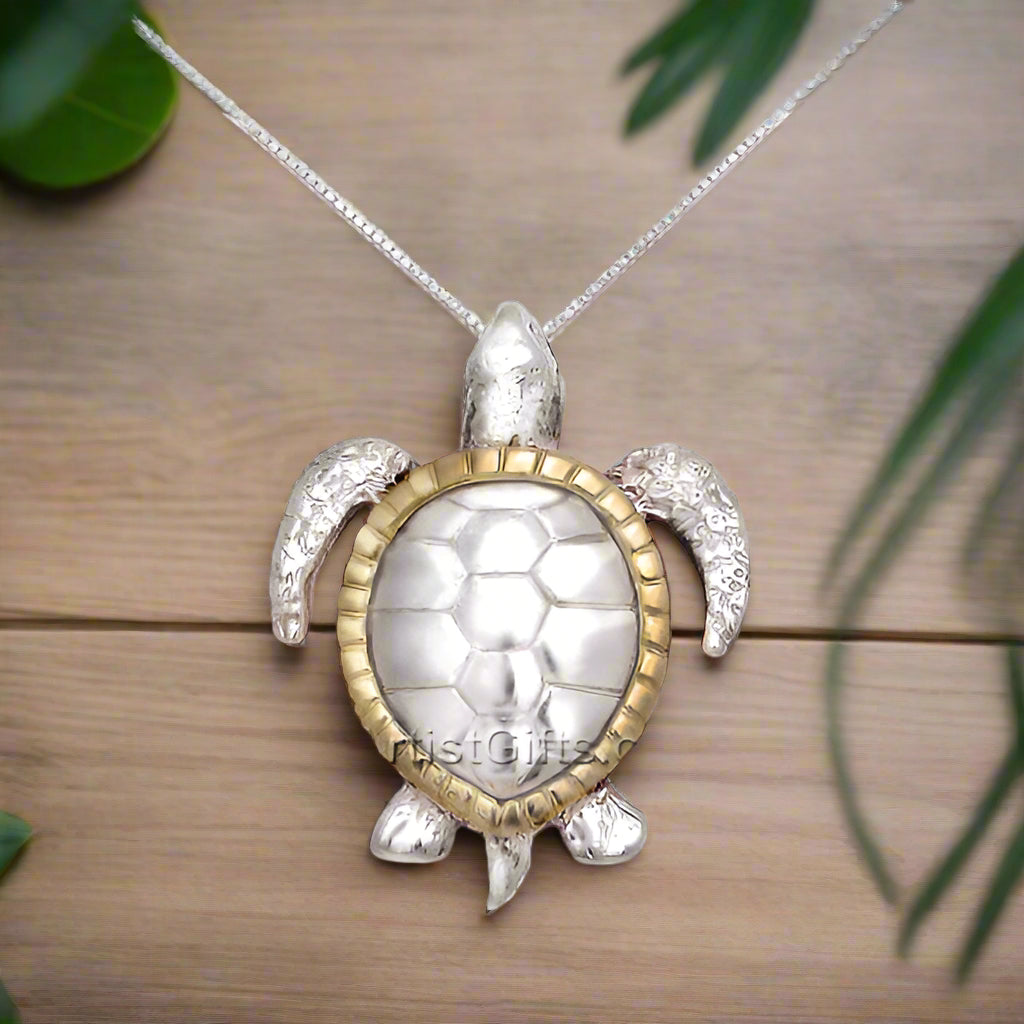 14k Gold and Sterling Silver Sea Turtle Necklace