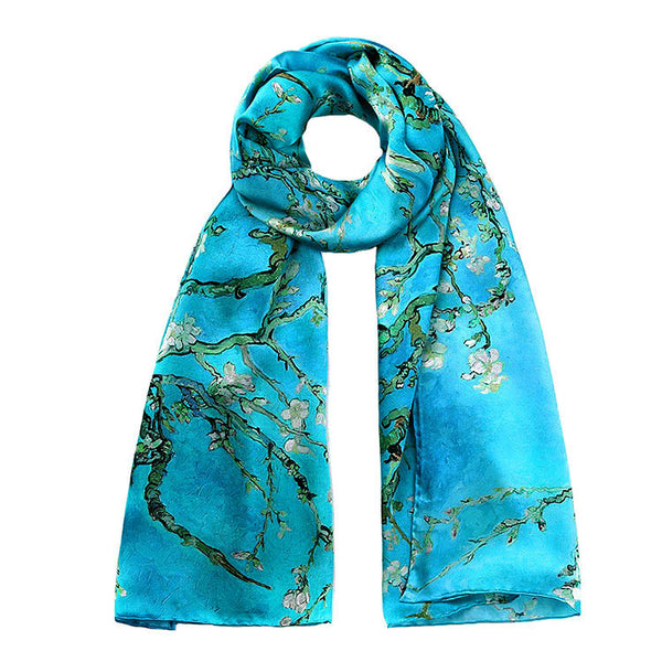 AYStudioUK Large Silk Scarf Van Gogh Almond Blossom Print Turquoise and Blue Light Weight Wrap