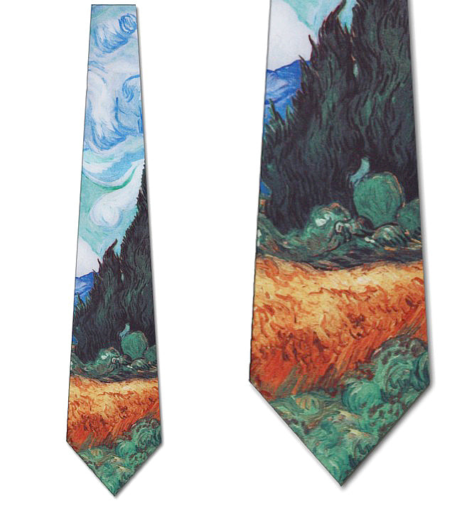 Van Gogh Art Necktie Wheatfield & Cypress - Closeup Views