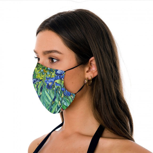 Side of Van Gogh Irises Facemask on Model 