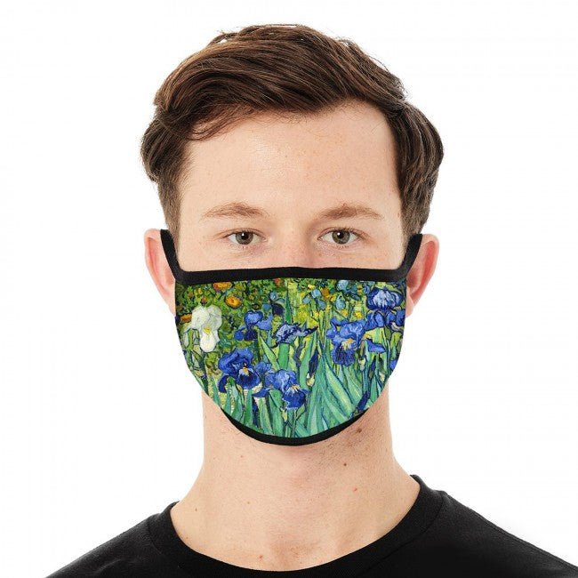 Van Gogh Irises Facemask Shown on Model 