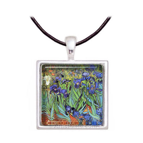 Van Gogh Irises Art Glass Necklace with Leather Cord